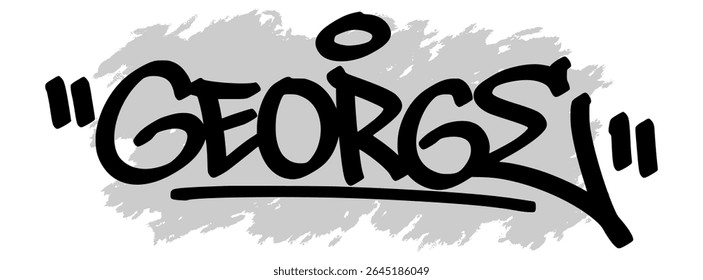 Vector graffiti tag of the name “George” in black ink with gray splatter background on transparent canvas. Handwritten street art style with bold and expressive strokes.
