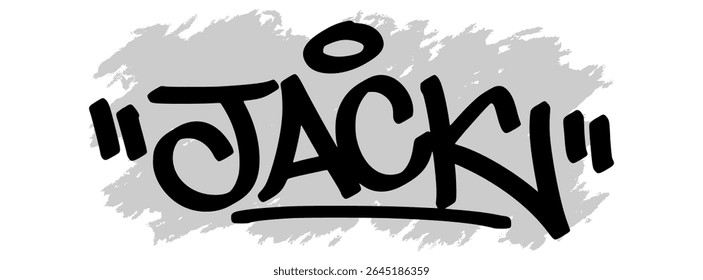 Vector graffiti tag of the name “Jack” in black ink with gray splatter background on transparent canvas. Handwritten street art style with bold and expressive strokes.
