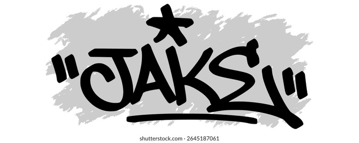 Etiqueta de graffiti de Vector del nombre “Jake” en tinta negra con fondo gris salpicado sobre lienzo transparente. Estilo de arte callejero escrito a mano con trazos audaces y expresivos.
