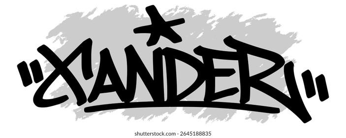 Marca de grafite vetorial do nome "Xander" em tinta preta com fundo cinza splatter na tela transparente. Estilo de arte de rua manuscrito com traços arrojados e expressivos.
