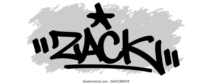 
Vektor-Graffiti-Tag des Namens "Zack" in schwarzer Tinte mit grauem Schmutzspritzer Hintergrund auf transparenter Leinwand. Handgeschriebener Street Art Stil mit kräftigen und ausdrucksvollen Strichen.
