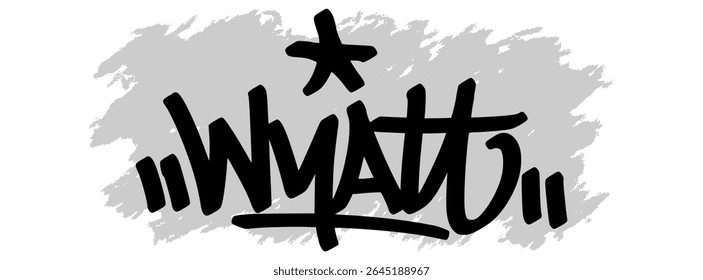 Marca de grafite vetorial do nome "Wyatt" em tinta preta com fundo cinza splatter sobre tela transparente. Estilo de arte de rua manuscrito com traços arrojados e expressivos.
