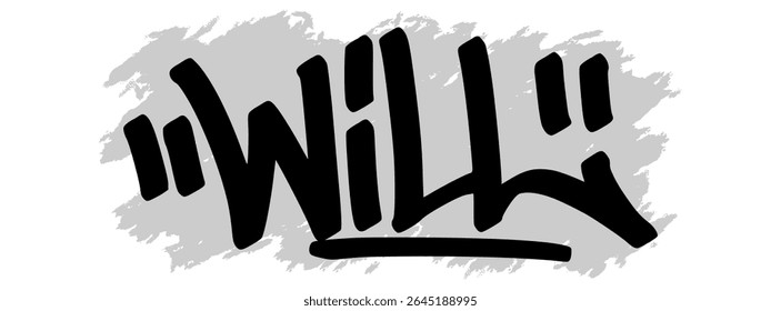 Marca de grafite vetorial do nome "Will" em tinta preta com fundo cinza splatter na tela transparente. Estilo de arte de rua manuscrito com traços arrojados e expressivos.
