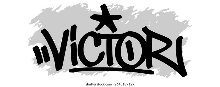 Vector graffiti tag of the name “Victor” in black ink with gray splatter background on transparent canvas. Handwritten street art style with bold and expressive strokes.
