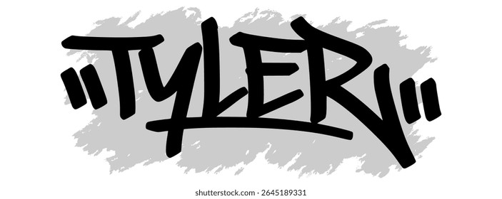 Vektor-Graffiti-Tag des Namens "Tyler" in schwarzer Tinte mit grauem Schmutzspritzer Hintergrund auf transparenter Leinwand. Handgeschriebener Street Art Stil mit kräftigen und ausdrucksvollen Strichen.
