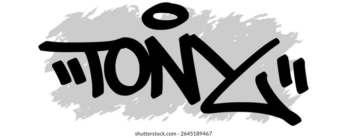 Vector graffiti tag of the name “Tony” in black ink with gray splatter background on transparent canvas. Handwritten street art style with bold and expressive strokes.
