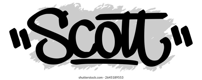 Vector graffiti tag of the name “Scott” in black ink with gray splatter background on transparent canvas. Handwritten street art style with bold and expressive strokes.
