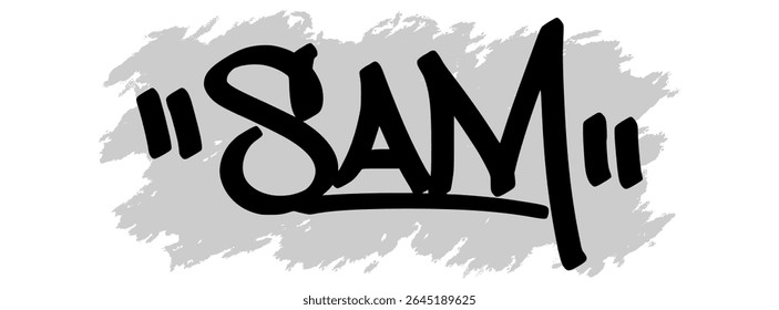 Vector graffiti tag of the name “Sam” in black ink with gray splatter background on transparent canvas. Handwritten street art style with bold and expressive strokes.
