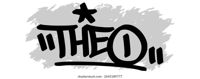 Vector graffiti tag of the name “Theo” in black ink with gray splatter background on transparent canvas. Handwritten street art style with bold and expressive strokes.
