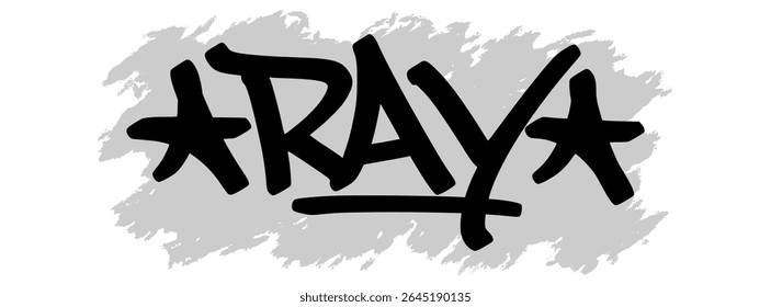 Vector graffiti tag of the name “Ray” in black ink with gray splatter background on transparent canvas. Handwritten street art style with bold and expressive strokes.
