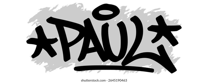 Etiqueta de graffiti de Vector del nombre “Paul” en tinta negra con fondo gris salpicado sobre lienzo transparente. Estilo de arte callejero escrito a mano con trazos audaces y expresivos.
