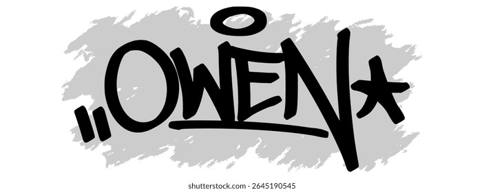 Vector graffiti tag of the name “Owen” in black ink with gray splatter background on transparent canvas. Handwritten street art style with bold and expressive strokes.
