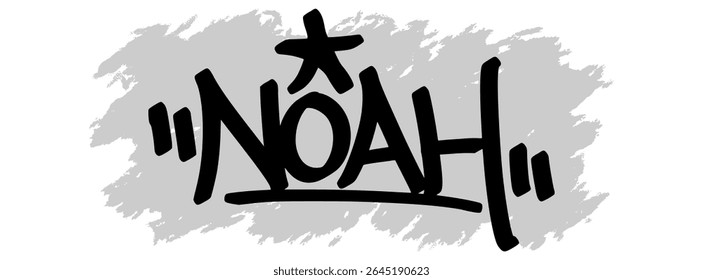 Vector graffiti tag of the name “Noah” in black ink with gray splatter background on transparent canvas. Handwritten street art style with bold and expressive strokes.
