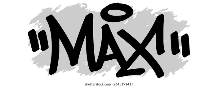 Vector graffiti tag of the name “Max” in black ink with gray splatter background on transparent canvas. Handwritten street art style with bold and expressive strokes.
