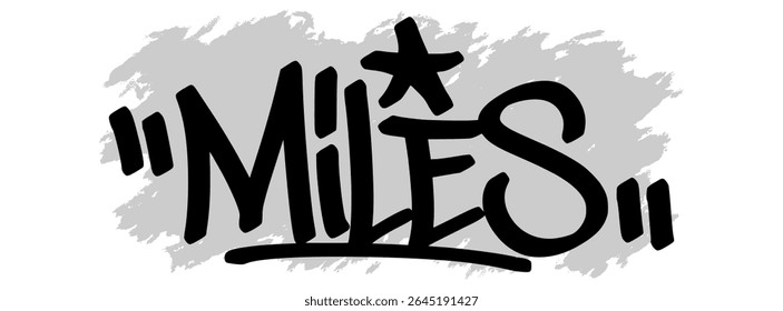 Vektor-Graffiti-Tag des Namens "Miles" in schwarzer Tinte mit grauem Schmutzspritzer Hintergrund auf transparenter Leinwand. Handgeschriebener Street Art Stil mit kräftigen und ausdrucksvollen Strichen.
