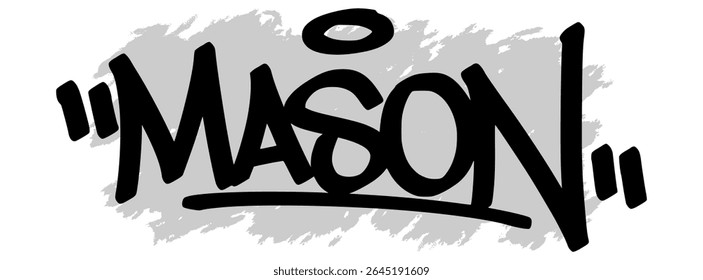 Vector graffiti tag of the name “Mason” in black ink with gray splatter background on transparent canvas. Handwritten street art style with bold and expressive strokes.
