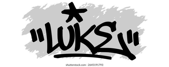 Vector graffiti tag of the name “Luke” in black ink with gray splatter background on transparent canvas. Handwritten street art style with bold and expressive strokes.
