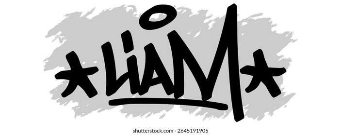 Etiqueta de graffiti de Vector del nombre “Liam” en tinta negra con fondo gris salpicado sobre lienzo transparente. Estilo de arte callejero escrito a mano con trazos audaces y expresivos.
