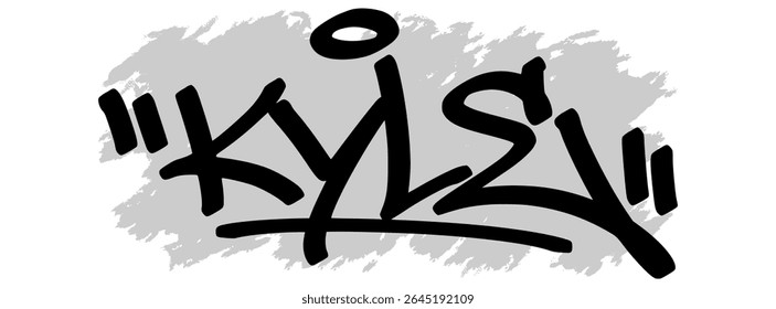 Vector graffiti tag of the name “Kyle” in black ink with gray splatter background on transparent canvas. Handwritten street art style with bold and expressive strokes.
