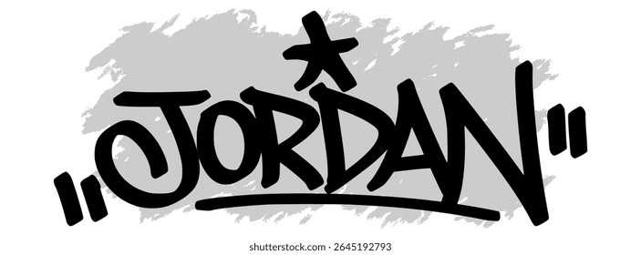 Etiqueta de graffiti de Vector del nombre “Jordan” en tinta negra con fondo gris salpicado sobre lienzo transparente. Estilo de arte callejero escrito a mano con trazos audaces y expresivos.
