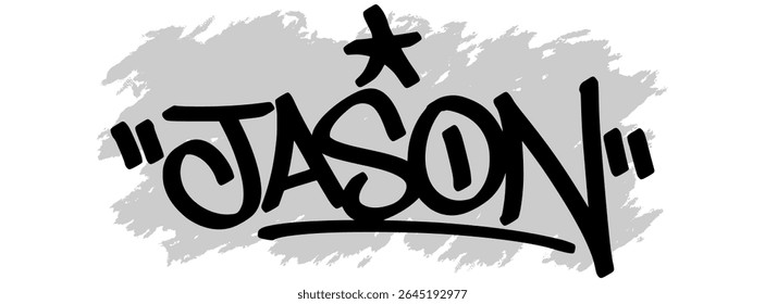 Vektor-Graffiti-Tag des Namens "Jason" in schwarzer Tinte mit grauem Schmutzspritzer Hintergrund auf transparenter Leinwand. Handgeschriebener Street Art Stil mit kräftigen und ausdrucksvollen Strichen.
