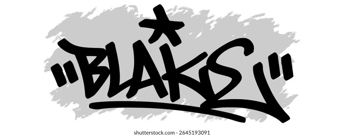 Vector graffiti tag of the name “Blake” in black ink with gray splatter background on transparent canvas. Handwritten street art style with bold and expressive strokes.
