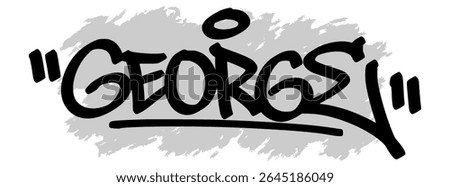 Vector graffiti tag of the name “George” in black ink with gray splatter background on transparent canvas. Handwritten street art style with bold and expressive strokes.
