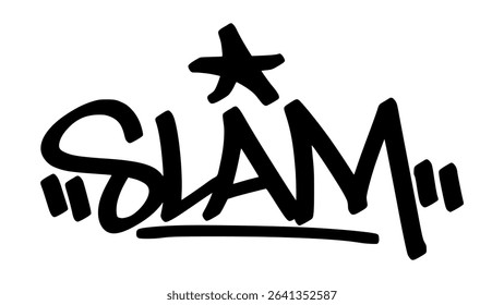 Vector graffiti tag of the word “slam” in bold black street art style. Dynamic and expressive handstyle on transparent background. Ideal for urban and energetic designs.
