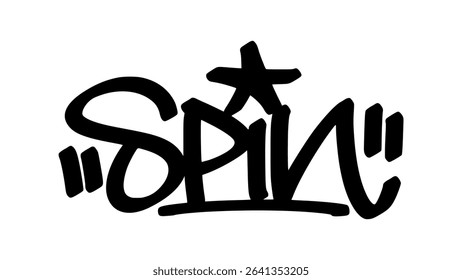Vector graffiti tag of the word “spin” in bold black street art style. Energetic and fluid handstyle lettering on transparent background. Perfect for dynamic urban designs.
