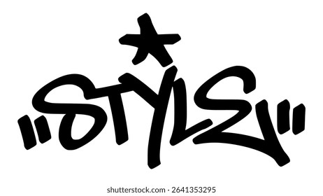 Vector graffiti tag of the word “style” in bold black street art design. Expressive handstyle lettering on transparent background. Ideal for fashion-forward and urban visuals.
