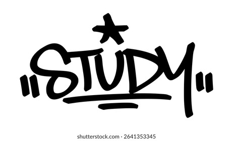 Vector graffiti tag of the word “study” in bold black street art style. Clean and expressive handstyle lettering on transparent background. Great for creative educational themes.
