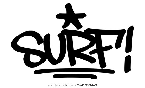 Vector graffiti tag of the word “surf” in bold black street art style. Energetic handstyle lettering on transparent background. Perfect for beach, sport, and urban designs.
