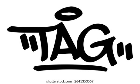 Vector graffiti tag of the word “tag” in bold black street art style. Raw and expressive handstyle lettering on transparent background. Ideal for urban, hip-hop, and design themes.
