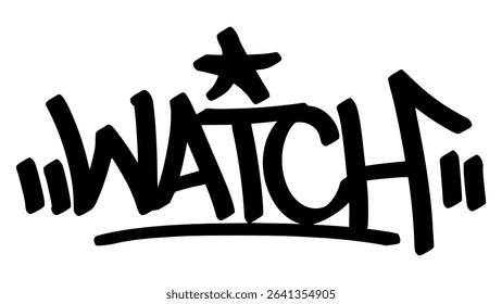 Vector graffiti tag of the word “watch” in bold black street art style. Expressive handstyle lettering on transparent background. Great for time, focus, and urban visual concepts.
