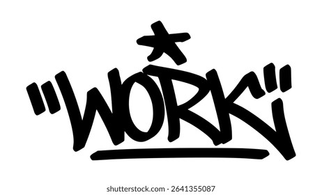 Vector graffiti tag of the word “work” in bold black street art style. Expressive handstyle lettering on transparent background. Suitable for themes of hustle, productivity, and urban life.
