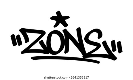 Vector graffiti tag of the word “zone” in bold black street art style. Edgy and expressive handstyle lettering on transparent background. Perfect for urban, area-based, or vibe-focused designs.
