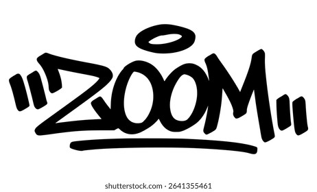Vector graffiti tag of the word “zoom” in bold black street art style. Fast and expressive handstyle lettering on transparent background. Ideal for speed, focus, and digital themes.
