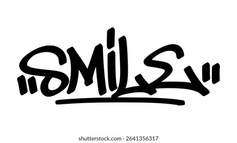 Vector graffiti tag of the word “smile” in bold black street art style. Friendly and expressive handstyle lettering on transparent background. Great for positive, emotional, and urban designs.
