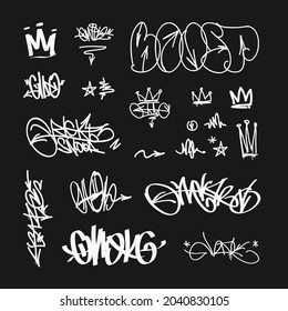 Vector Graffiti Tags - street Art hip-hop writing. Doodle style spray paint and brush graffiti crown tags and abstracts symbols 