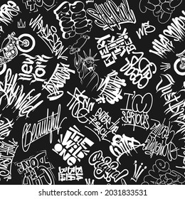 Vector graffiti tags, urban elements seamless pattern. Element for t-shirt design, textile, banner.