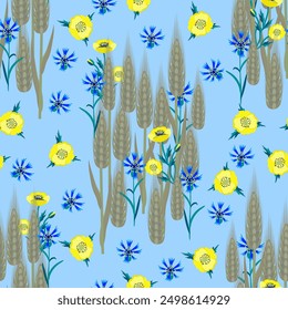 Vector - grain plant with poppies and cornflowers seamless pattern.