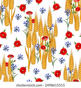 Vector - grain plant with poppies and cornflowers seamless pattern.