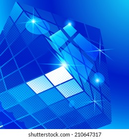 Vector grain technology backdrop with multifaceted pixilated cybernetic object.