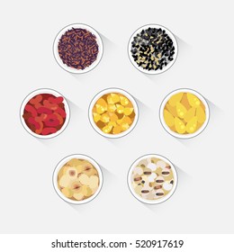 Vector of grains in bowl : lotus beans, red bean, rice, ginkgo nut, job's tears.