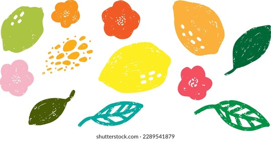 Conjunto de grano vectorial de limones y flores de textura, elementos para el diseño, patrones gráficos pixelados de grueso