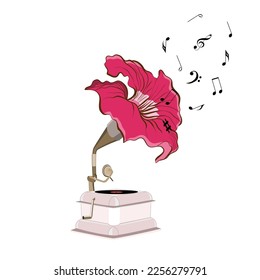 Vector gramophone with flower of nasturtium and musical notes in flat technique 