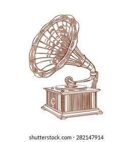 Vector gramophone on a white background. Gramophone sign, gramophone logo, gramophone icon.