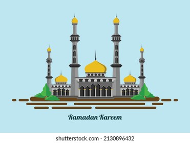 vector of the grand mosque which has a bright background. elegant and traditional ornament. green tree in the courtyard of the mosque. Happy Eid Mubarak. ramadan.