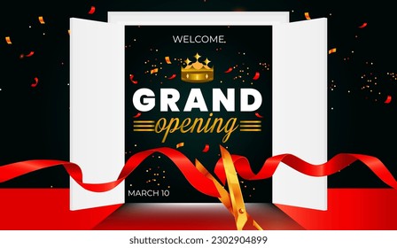 Vector grand opening design with red ribbon.