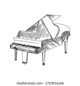 Vector grand piano hand draw. Doodle hand drawn sign. Illustration for print, web